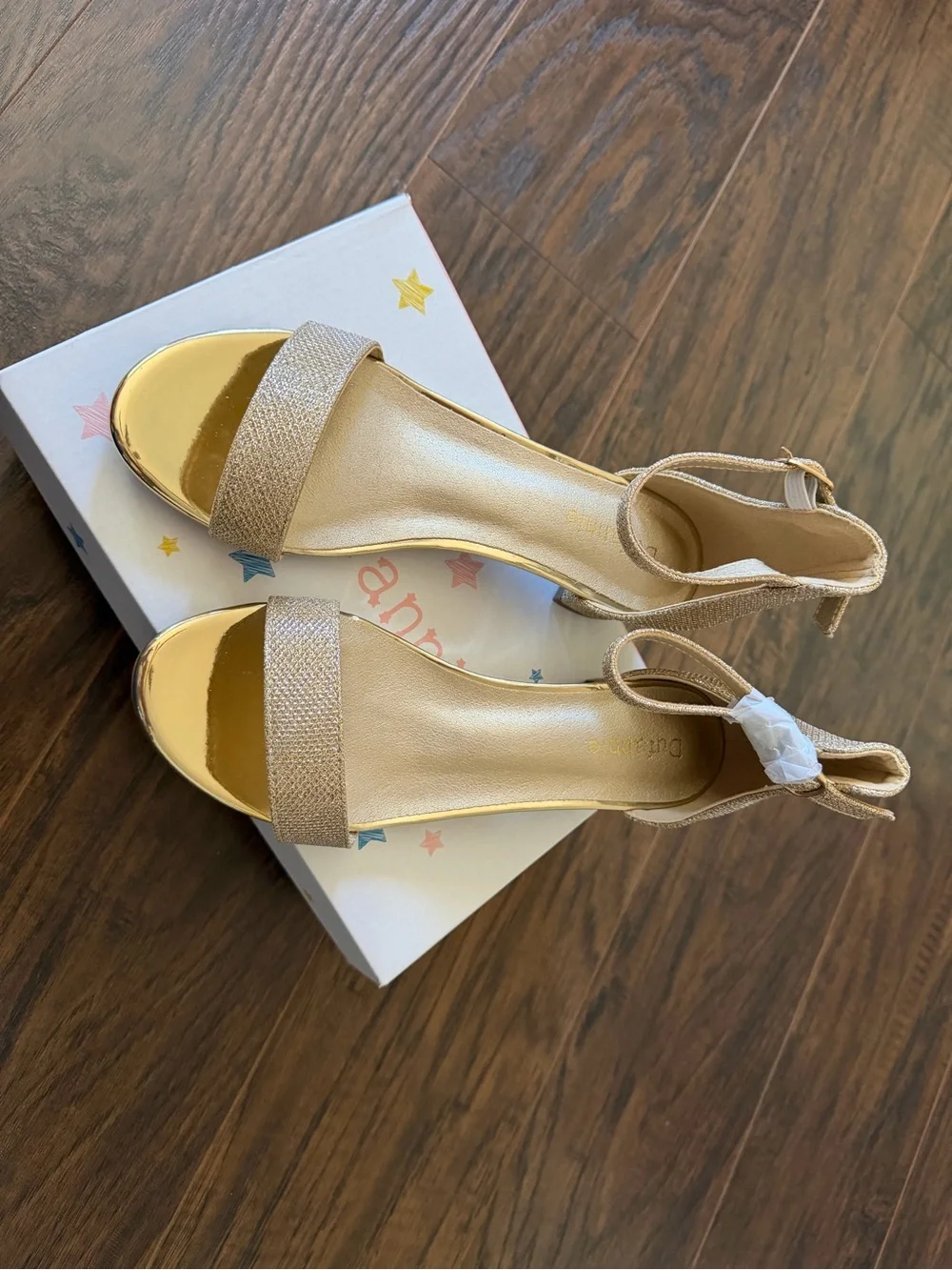 Dufannie big kids  Gold Glitter Block Heel Sandals